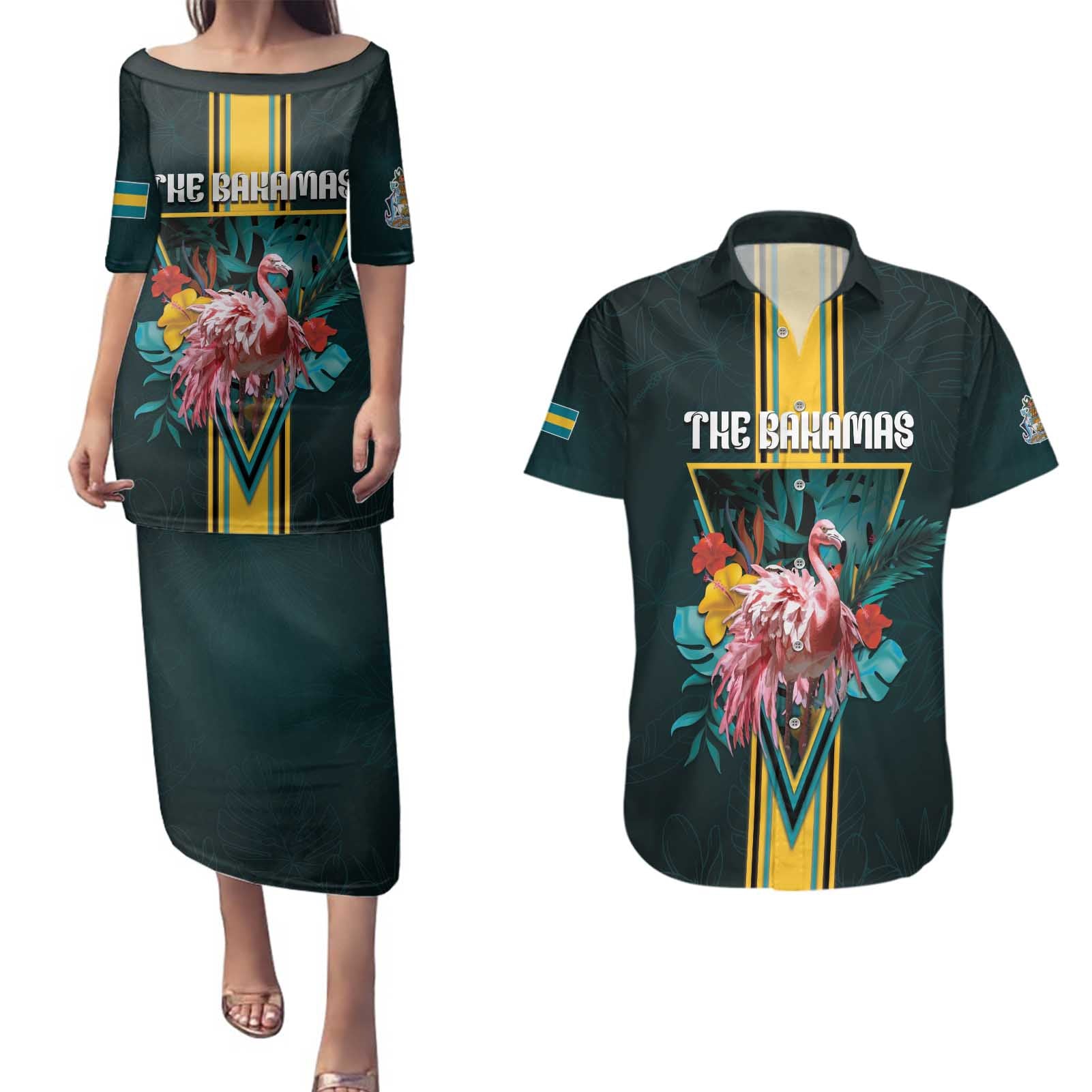 Personalized The Bahamas Couples Matching Puletasi and Hawaiian Shirt The Flamingo Tropical Flowers - Wonder Print Shop