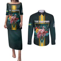Personalized The Bahamas Couples Matching Puletasi and Long Sleeve Button Shirt The Flamingo Tropical Flowers - Wonder Print Shop