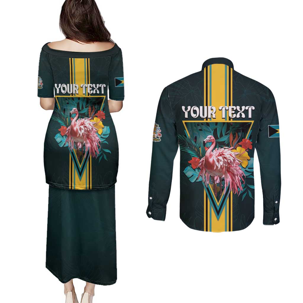 Personalized The Bahamas Couples Matching Puletasi and Long Sleeve Button Shirt The Flamingo Tropical Flowers - Wonder Print Shop