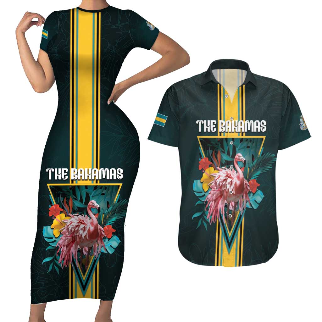 Personalized The Bahamas Couples Matching Short Sleeve Bodycon Dress and Hawaiian Shirt The Flamingo Tropical Flowers - Wonder Print Shop