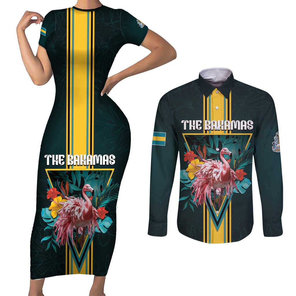 Personalized The Bahamas Couples Matching Short Sleeve Bodycon Dress and Long Sleeve Button Shirt The Flamingo Tropical Flowers - Wonder Print Shop