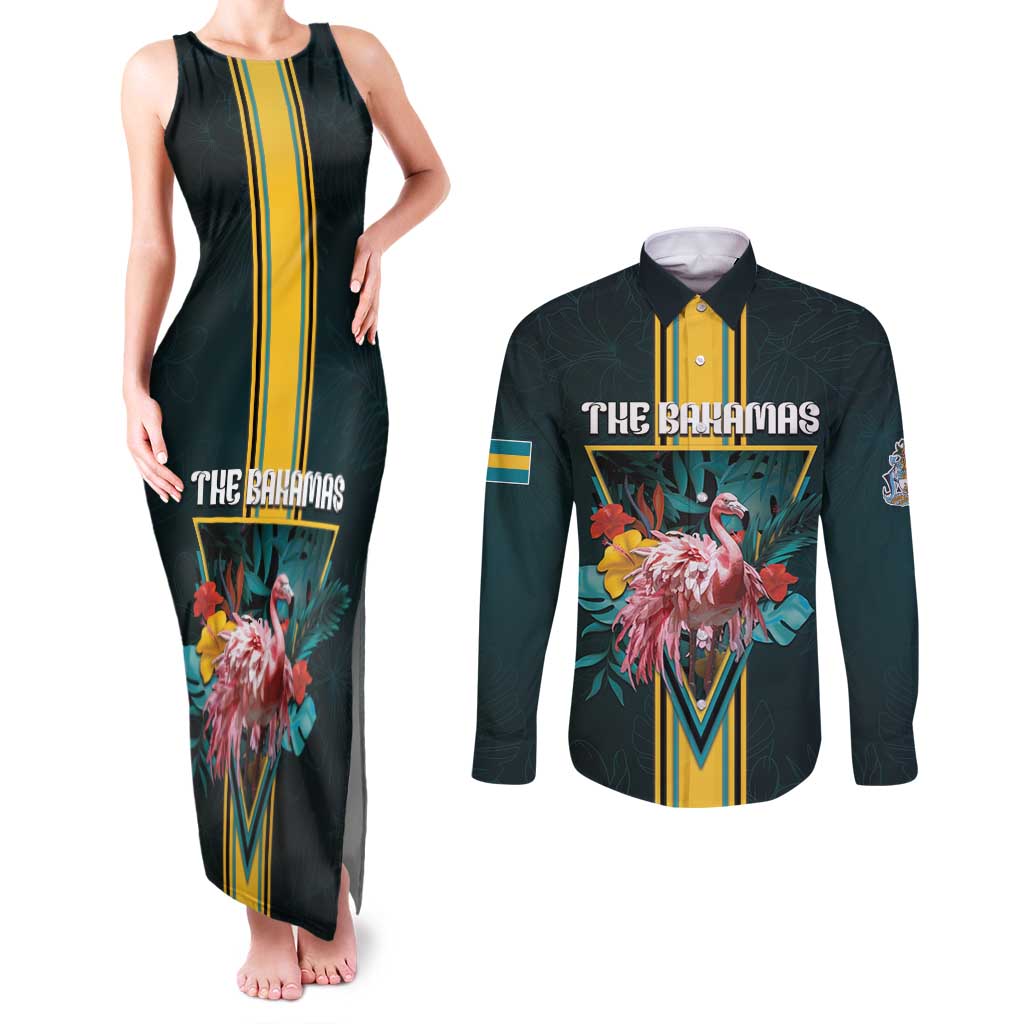 Personalized The Bahamas Couples Matching Tank Maxi Dress and Long Sleeve Button Shirt The Flamingo Tropical Flowers - Wonder Print Shop