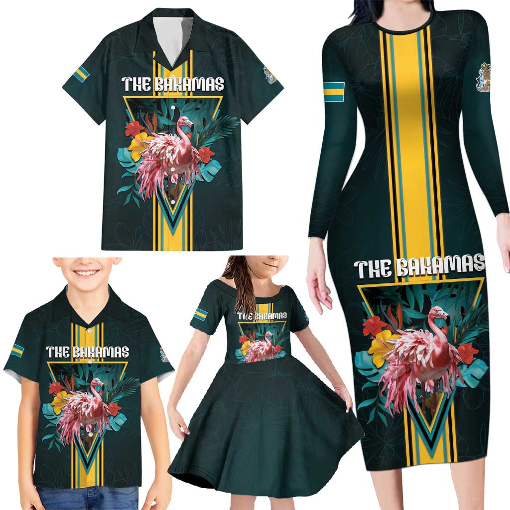 Personalized The Bahamas Family Matching Long Sleeve Bodycon Dress and Hawaiian Shirt The Flamingo Tropical Flowers - Wonder Print Shop