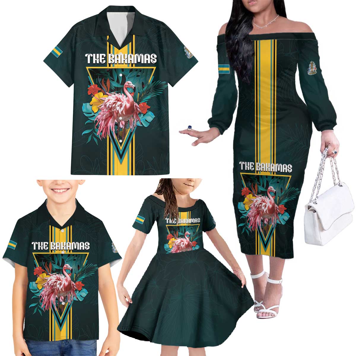 Personalized The Bahamas Family Matching Off The Shoulder Long Sleeve Dress and Hawaiian Shirt The Flamingo Tropical Flowers - Wonder Print Shop