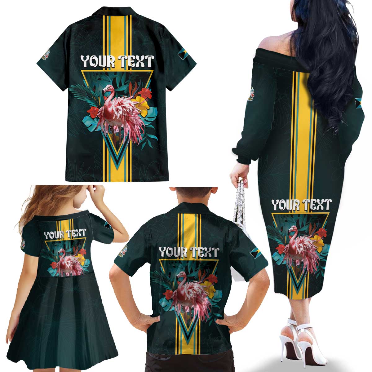 Personalized The Bahamas Family Matching Off The Shoulder Long Sleeve Dress and Hawaiian Shirt The Flamingo Tropical Flowers - Wonder Print Shop