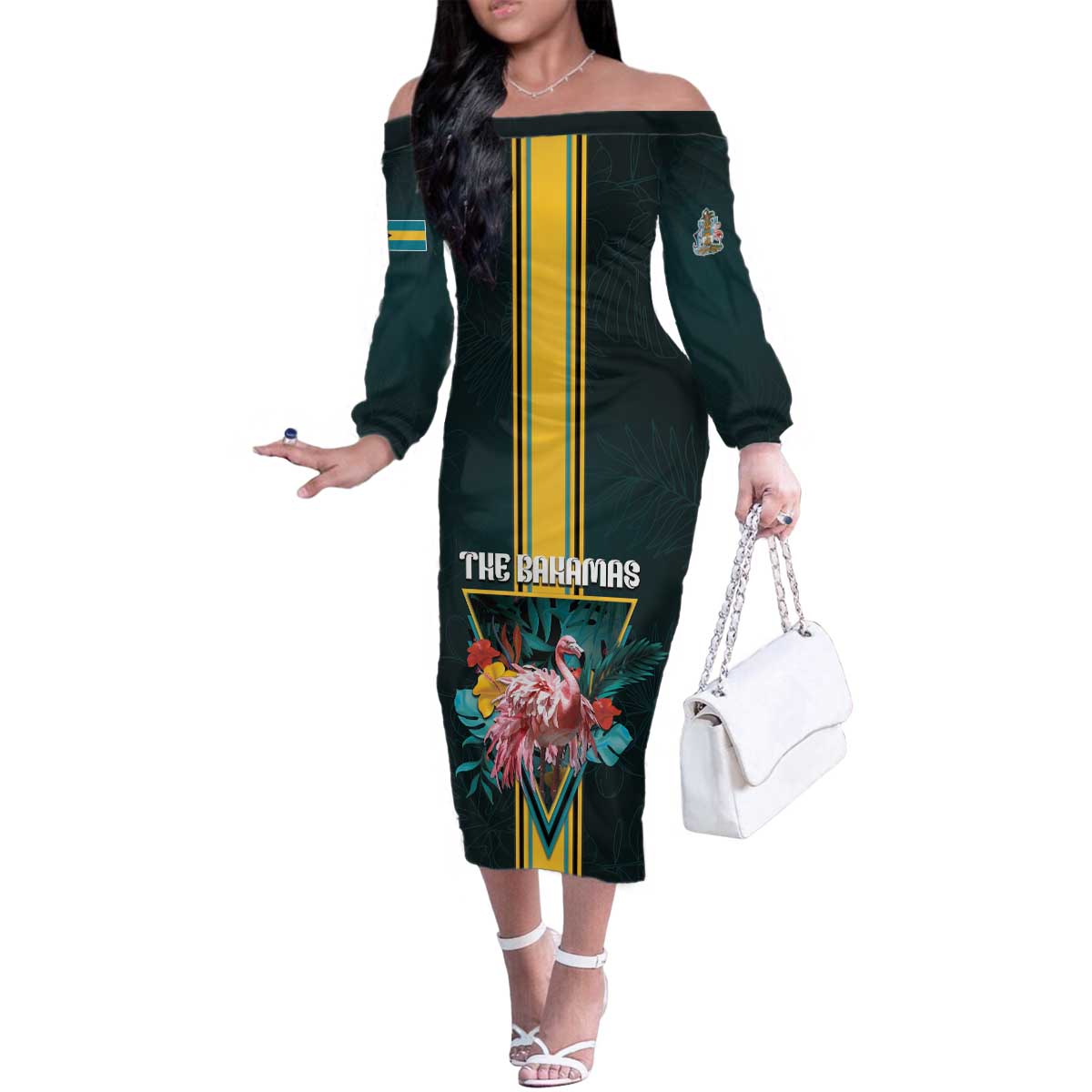 Personalized The Bahamas Family Matching Off The Shoulder Long Sleeve Dress and Hawaiian Shirt The Flamingo Tropical Flowers - Wonder Print Shop