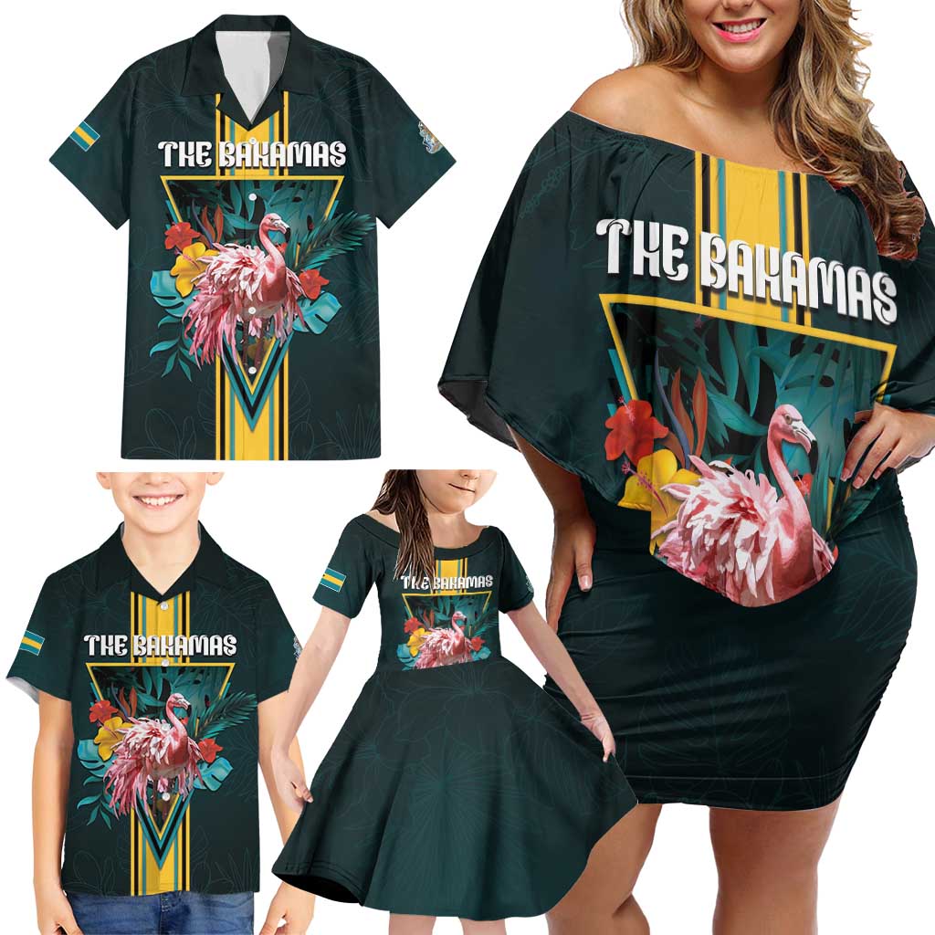 Personalized The Bahamas Family Matching Off Shoulder Short Dress and Hawaiian Shirt The Flamingo Tropical Flowers - Wonder Print Shop