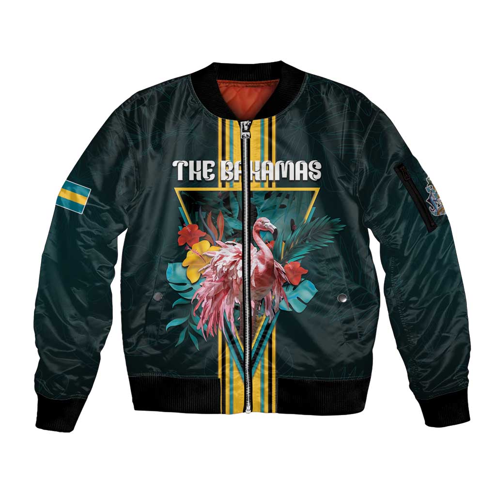 Personalized The Bahamas Sleeve Zip Bomber Jacket The Flamingo Tropical Flowers - Wonder Print Shop