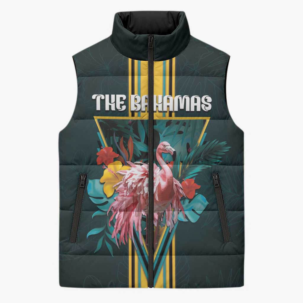 Personalized The Bahamas Sleeveless Puffer Jacket The Flamingo Tropical Flowers - Wonder Print Shop