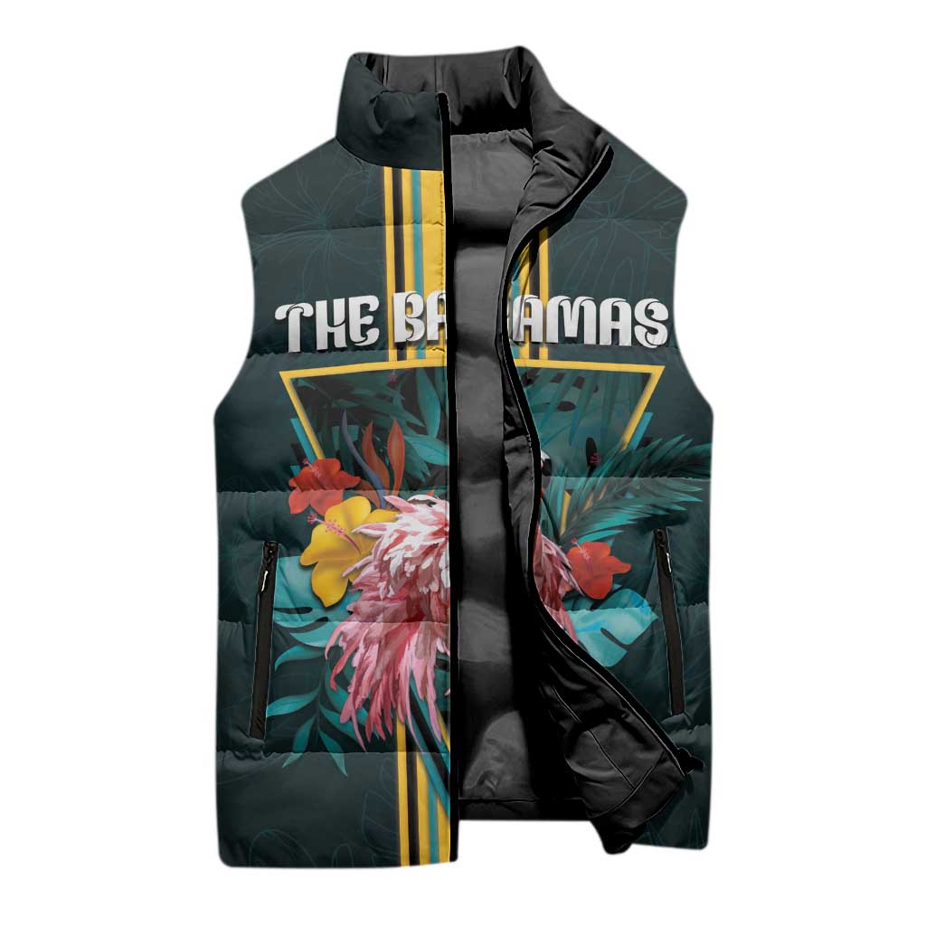Personalized The Bahamas Sleeveless Puffer Jacket The Flamingo Tropical Flowers - Wonder Print Shop