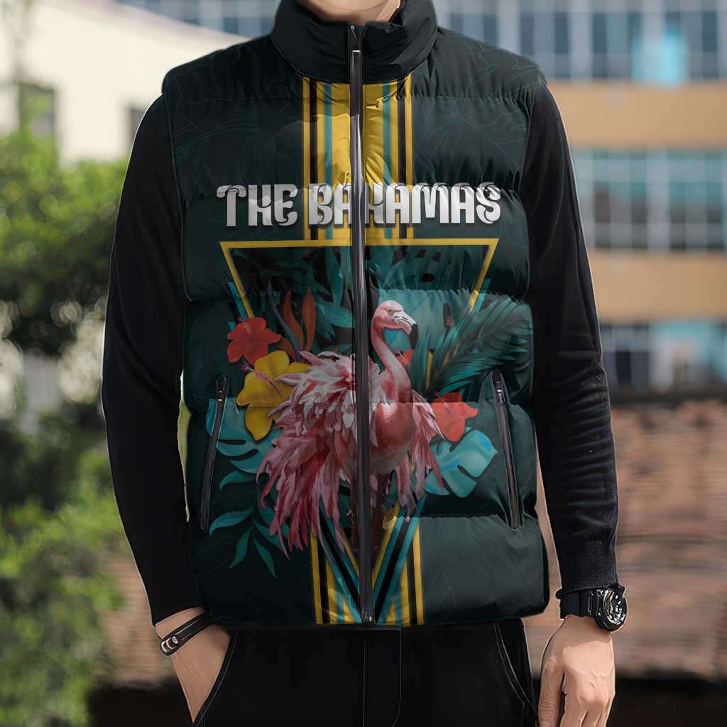Personalized The Bahamas Sleeveless Puffer Jacket The Flamingo Tropical Flowers - Wonder Print Shop