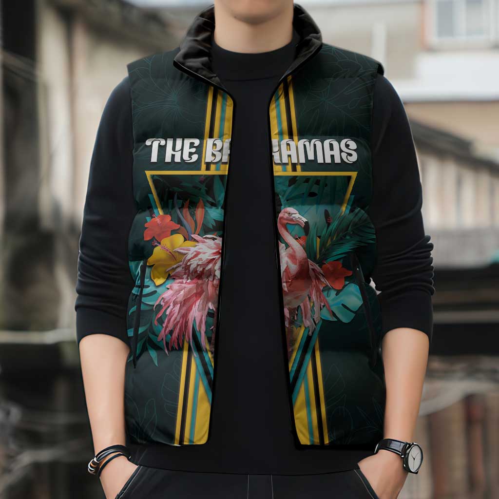 Personalized The Bahamas Sleeveless Puffer Jacket The Flamingo Tropical Flowers - Wonder Print Shop
