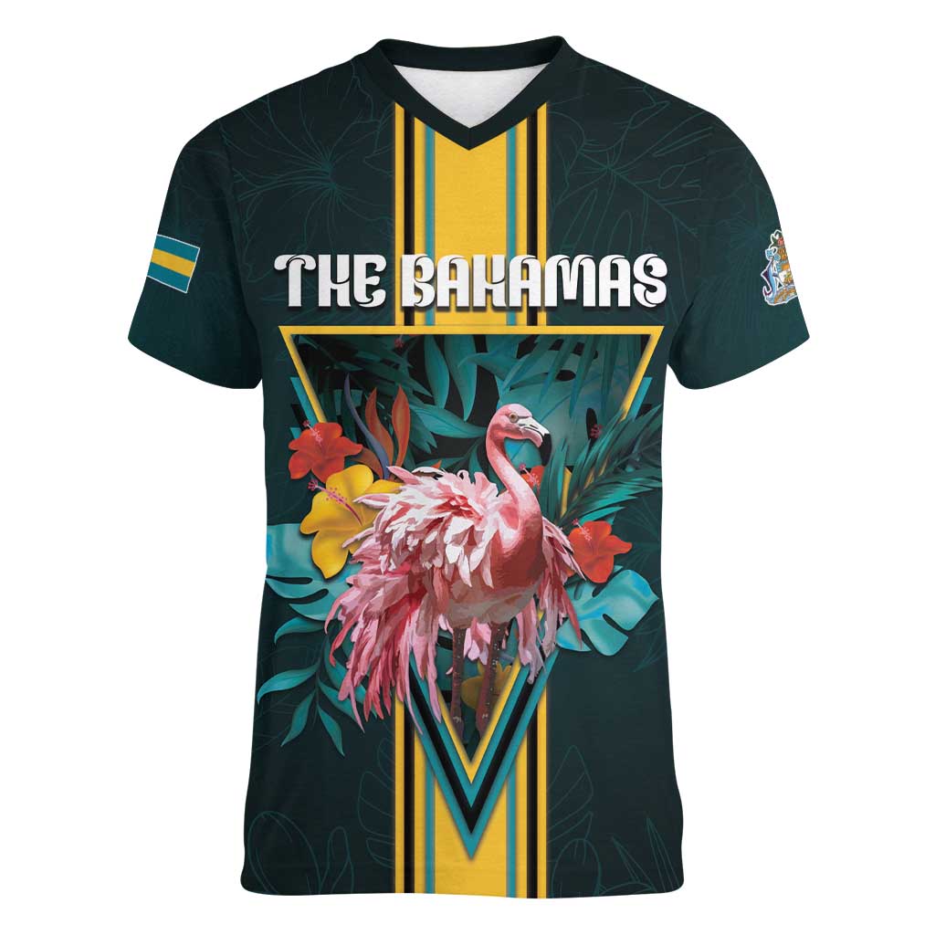 Personalized The Bahamas Women V-Neck T-Shirt The Flamingo Tropical Flowers - Wonder Print Shop