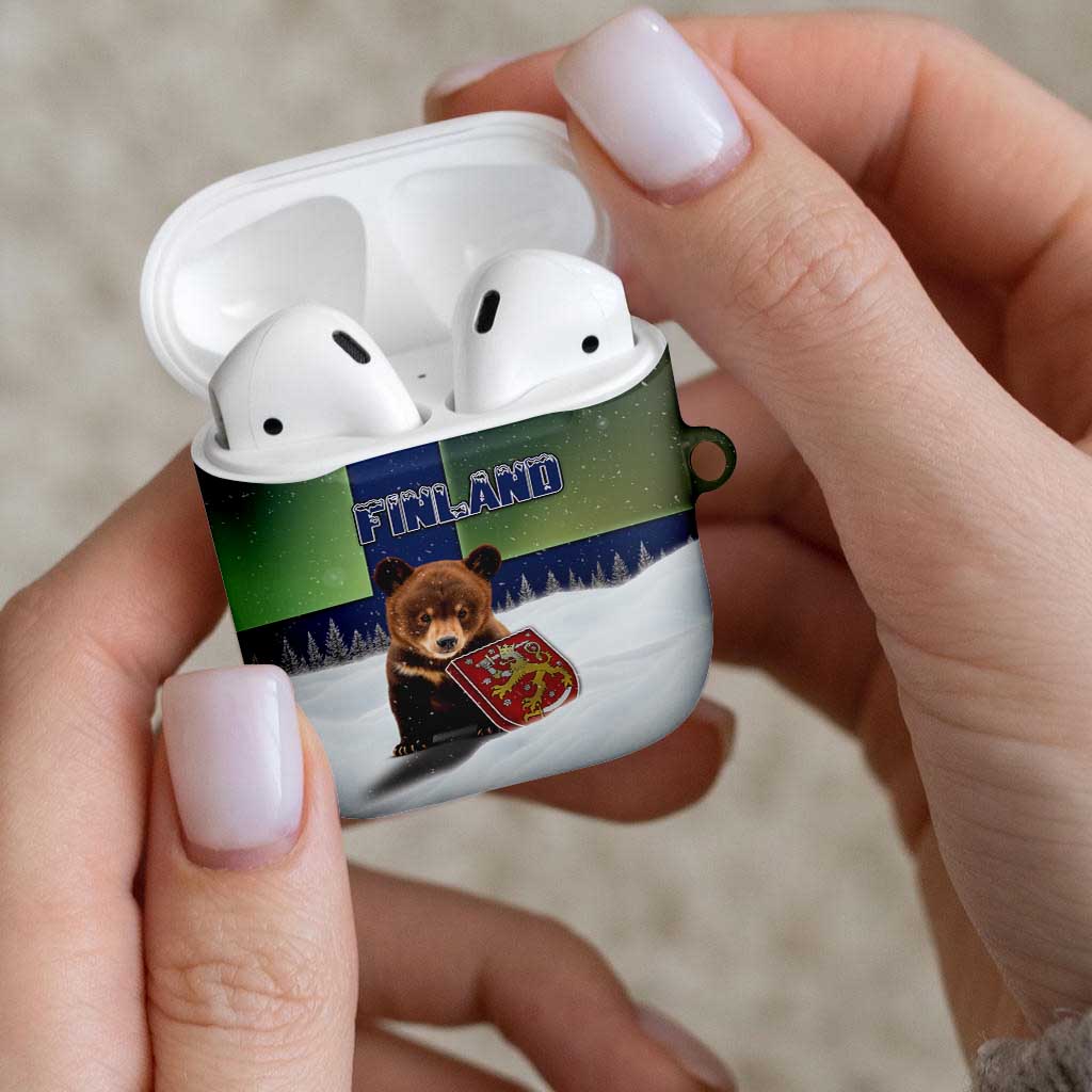Finland AirPods Case Brown Bear With Symbol Under The Aurora Sky - Wonder Print Shop
