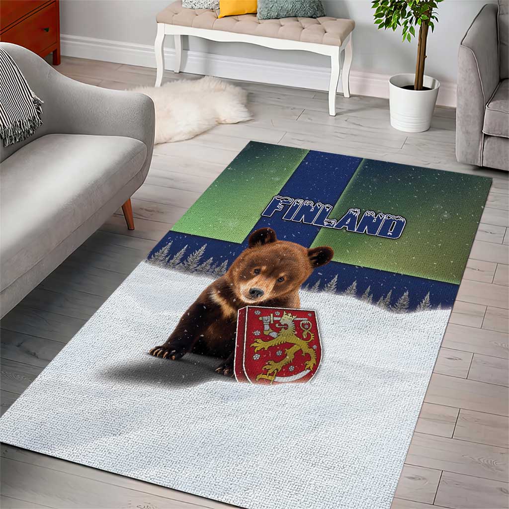 Finland Area Rug Brown Bear With Symbol Under The Aurora Sky - Wonder Print Shop