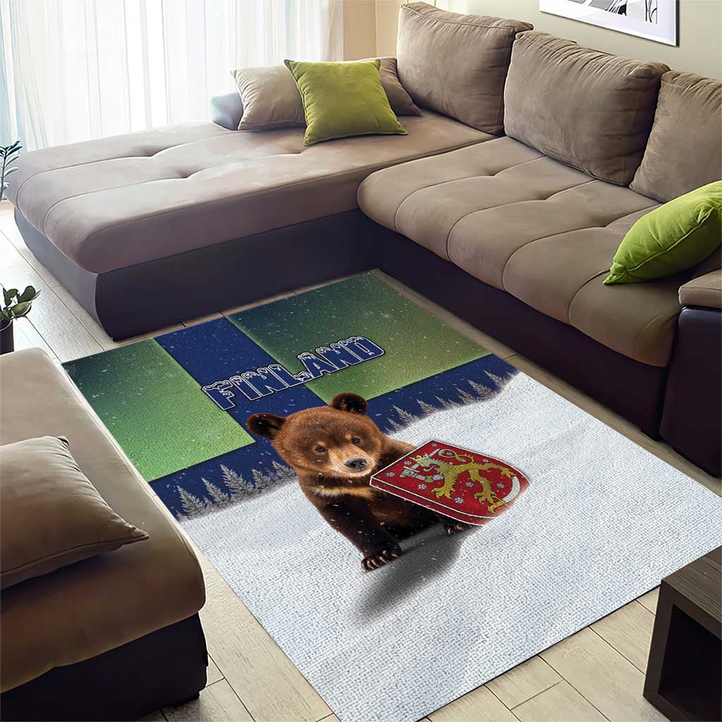 Finland Area Rug Brown Bear With Symbol Under The Aurora Sky - Wonder Print Shop
