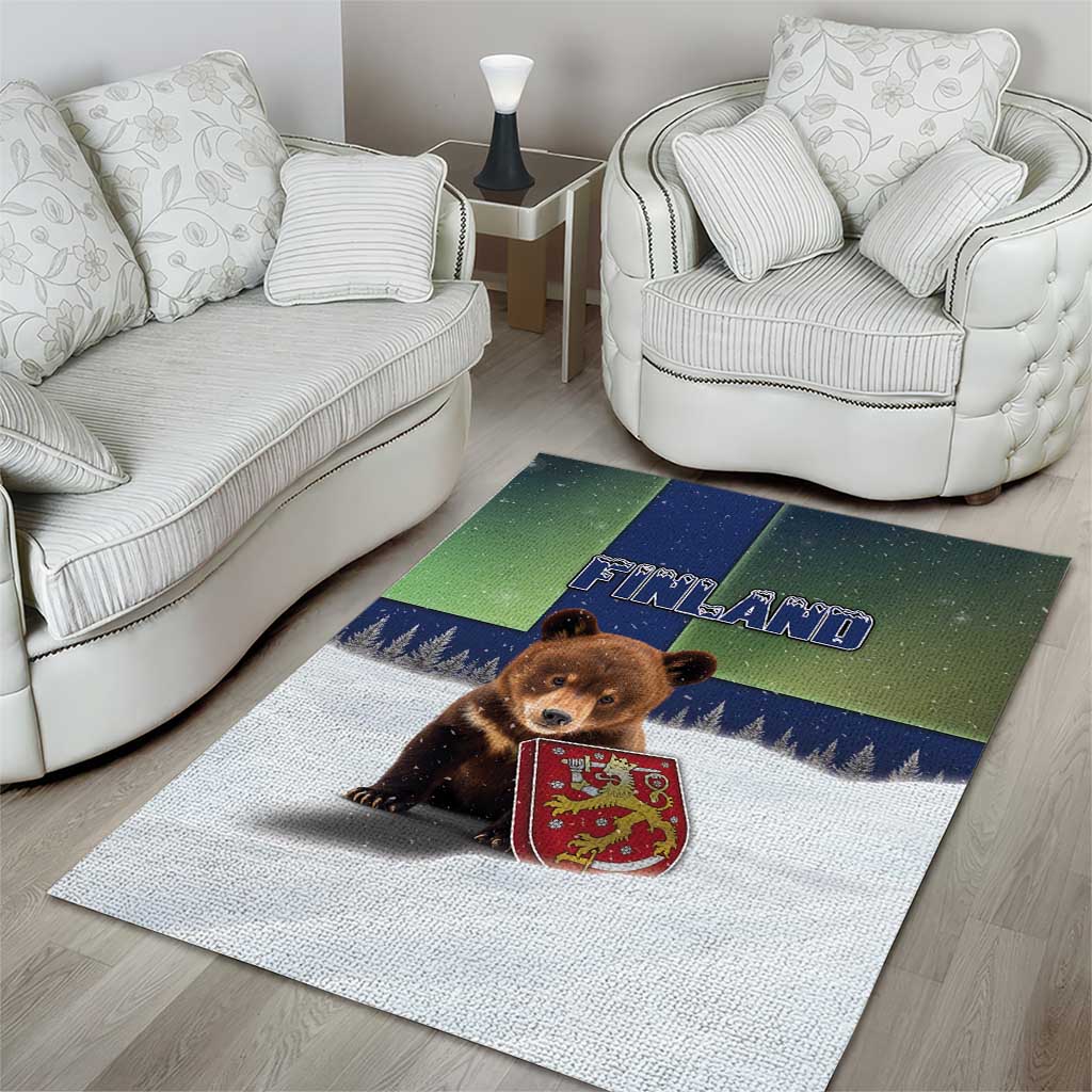 Finland Area Rug Brown Bear With Symbol Under The Aurora Sky - Wonder Print Shop