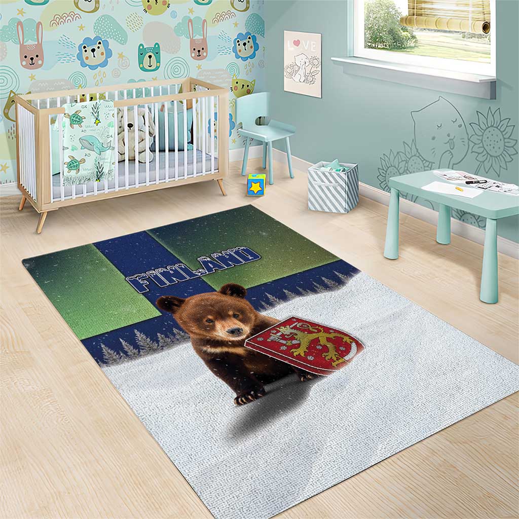 Finland Area Rug Brown Bear With Symbol Under The Aurora Sky - Wonder Print Shop