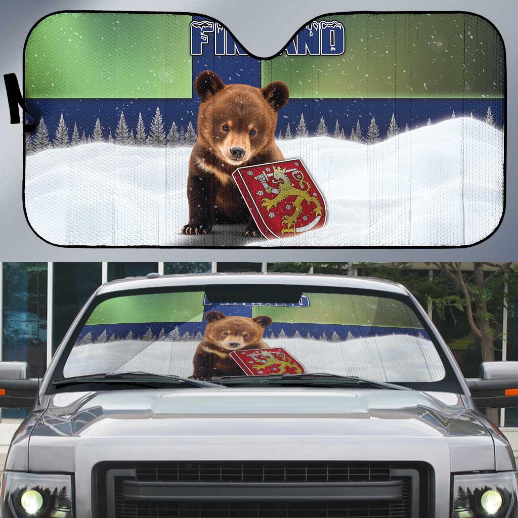 Finland Auto Sun Shade Brown Bear With Symbol Under The Aurora Sky - Wonder Print Shop