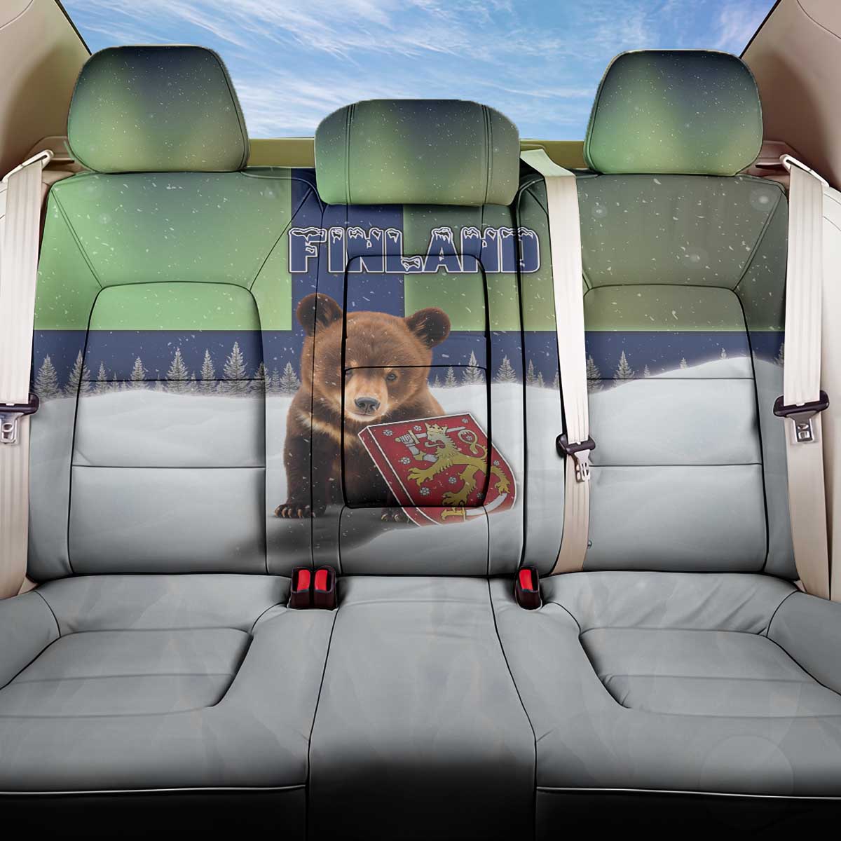 Finland Back Car Seat Cover Brown Bear With Symbol Under The Aurora Sky - Wonder Print Shop