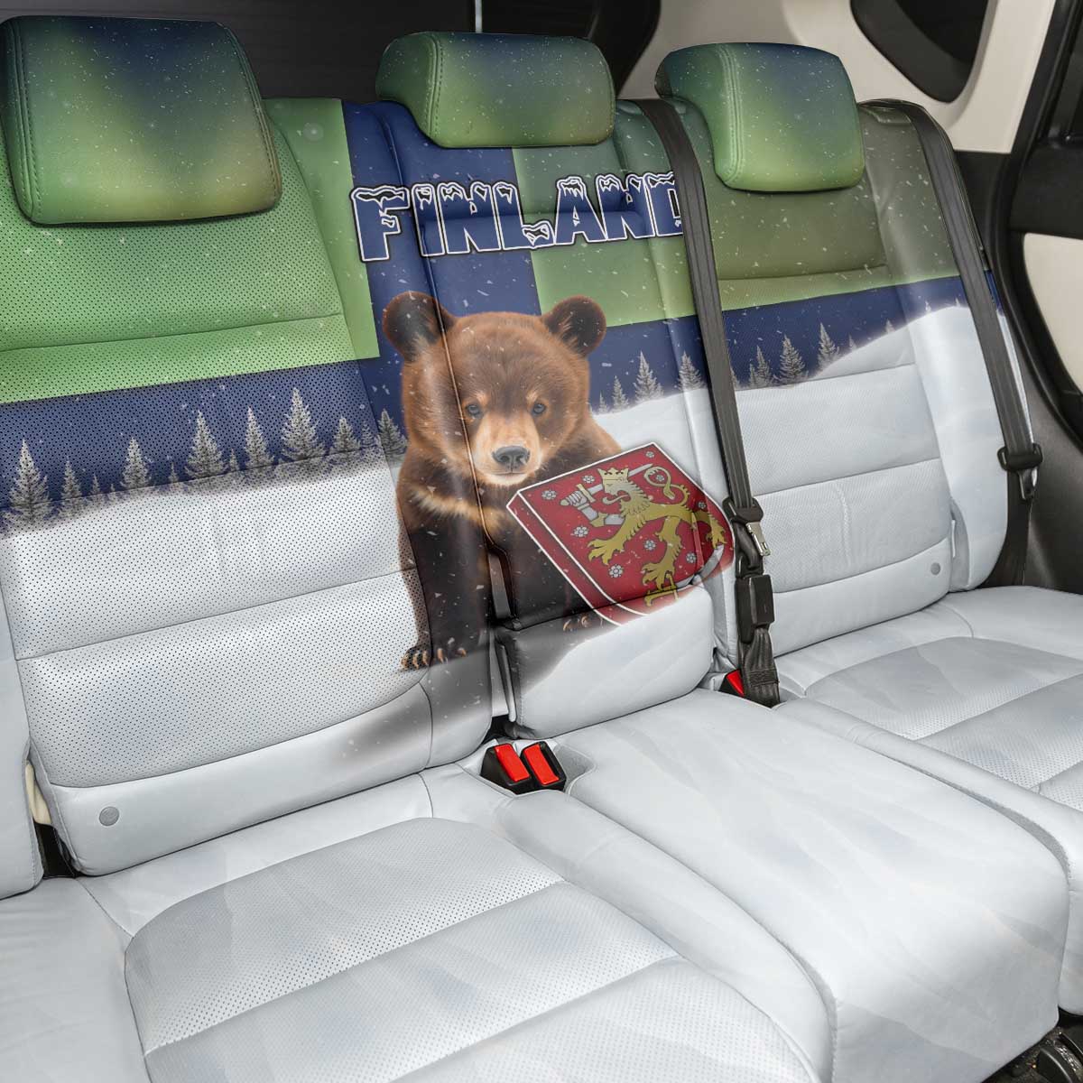 Finland Back Car Seat Cover Brown Bear With Symbol Under The Aurora Sky - Wonder Print Shop