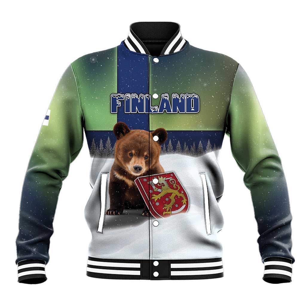 Personalized Finland Baseball Jacket Brown Bear With Symbol Under The Aurora Sky - Wonder Print Shop