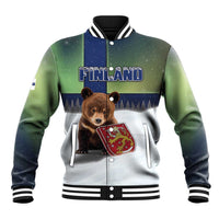 Personalized Finland Baseball Jacket Brown Bear With Symbol Under The Aurora Sky - Wonder Print Shop