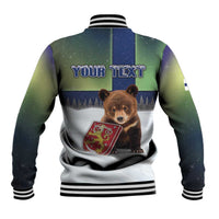 Personalized Finland Baseball Jacket Brown Bear With Symbol Under The Aurora Sky - Wonder Print Shop
