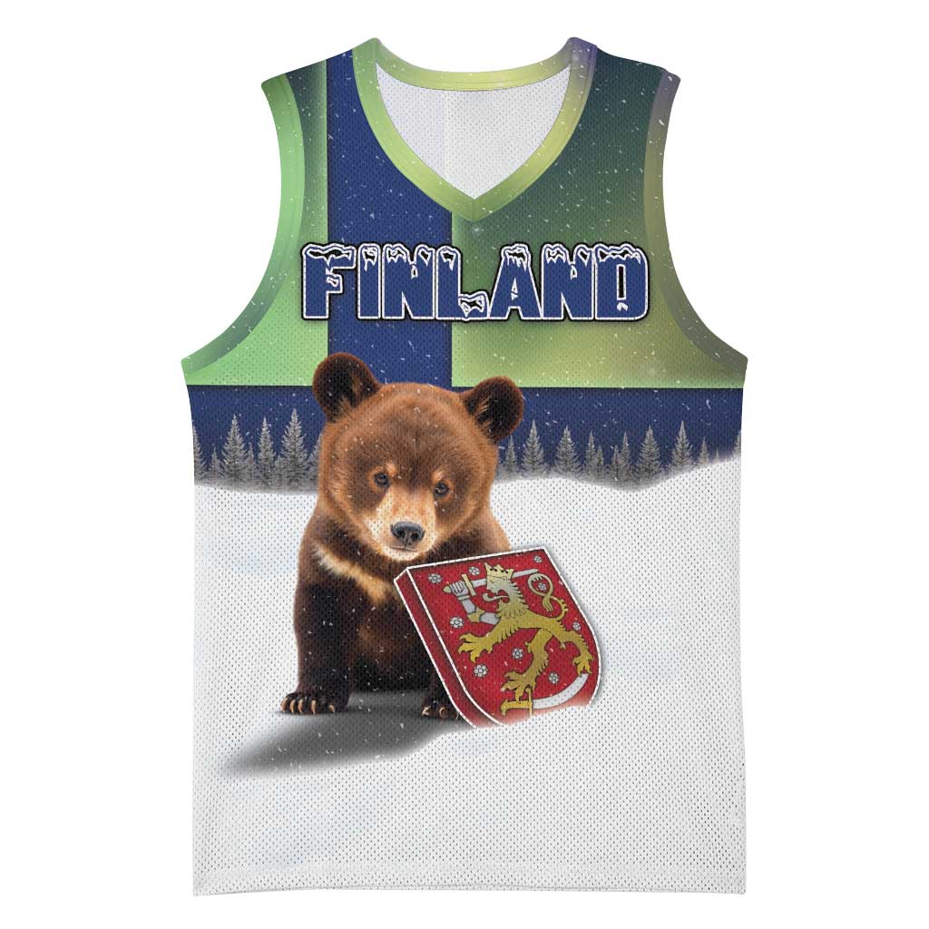 Personalized Finland Basketball Jersey Brown Bear With Symbol Under The Aurora Sky - Wonder Print Shop