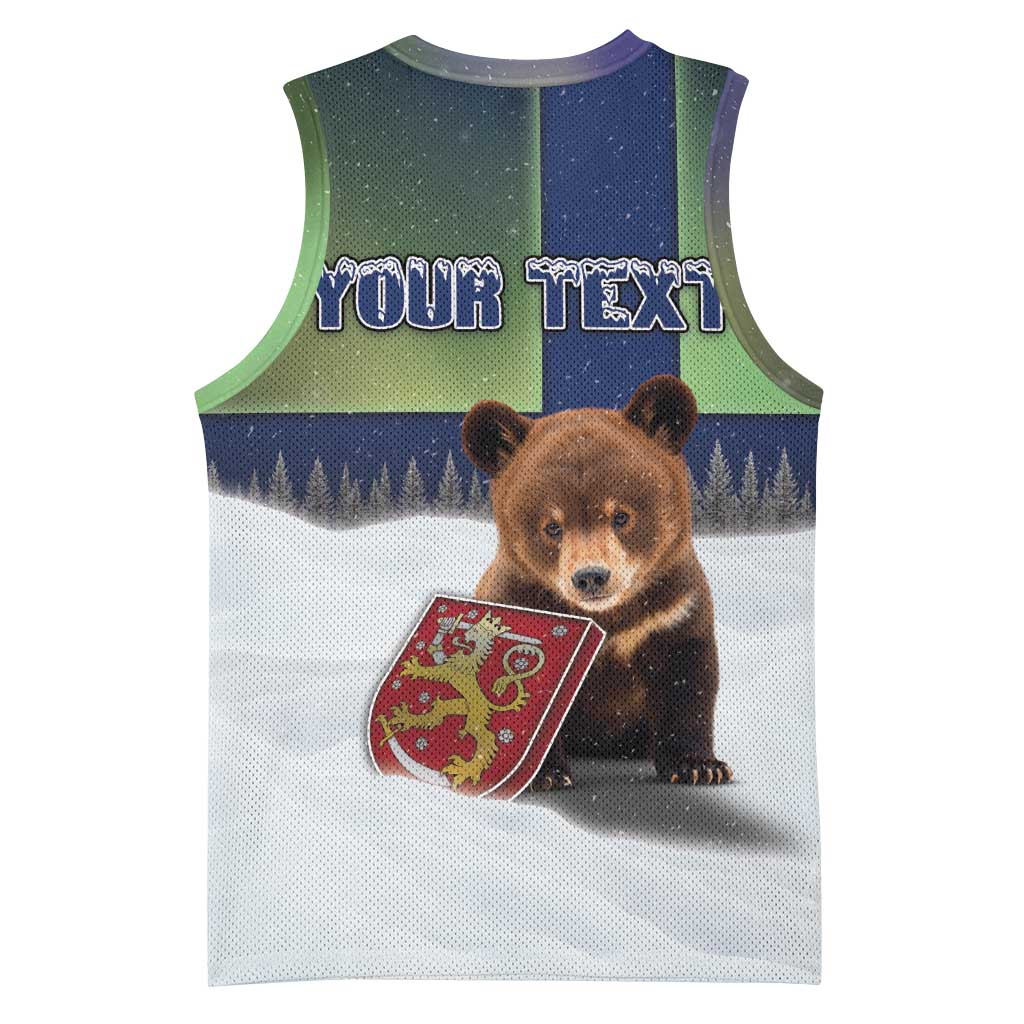 Personalized Finland Basketball Jersey Brown Bear With Symbol Under The Aurora Sky - Wonder Print Shop