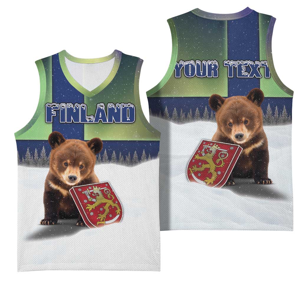 Personalized Finland Basketball Jersey Brown Bear With Symbol Under The Aurora Sky - Wonder Print Shop
