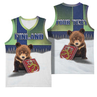 Personalized Finland Basketball Jersey Brown Bear With Symbol Under The Aurora Sky - Wonder Print Shop