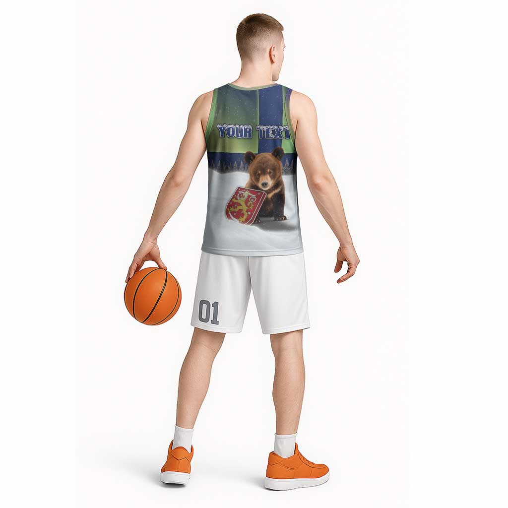 Personalized Finland Basketball Jersey Brown Bear With Symbol Under The Aurora Sky - Wonder Print Shop