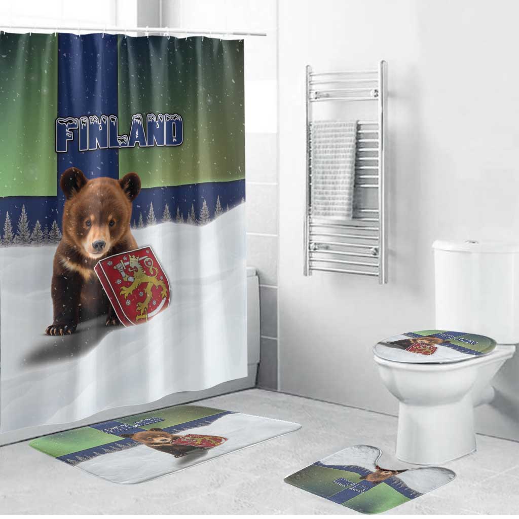 Finland Bathroom Set Brown Bear With Symbol Under The Aurora Sky - Wonder Print Shop