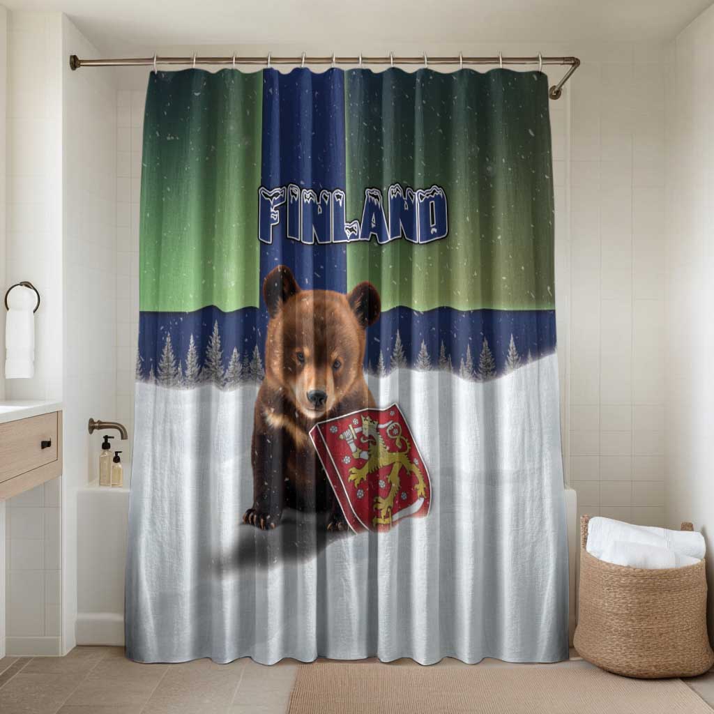 Finland Bathroom Set Brown Bear With Symbol Under The Aurora Sky - Wonder Print Shop