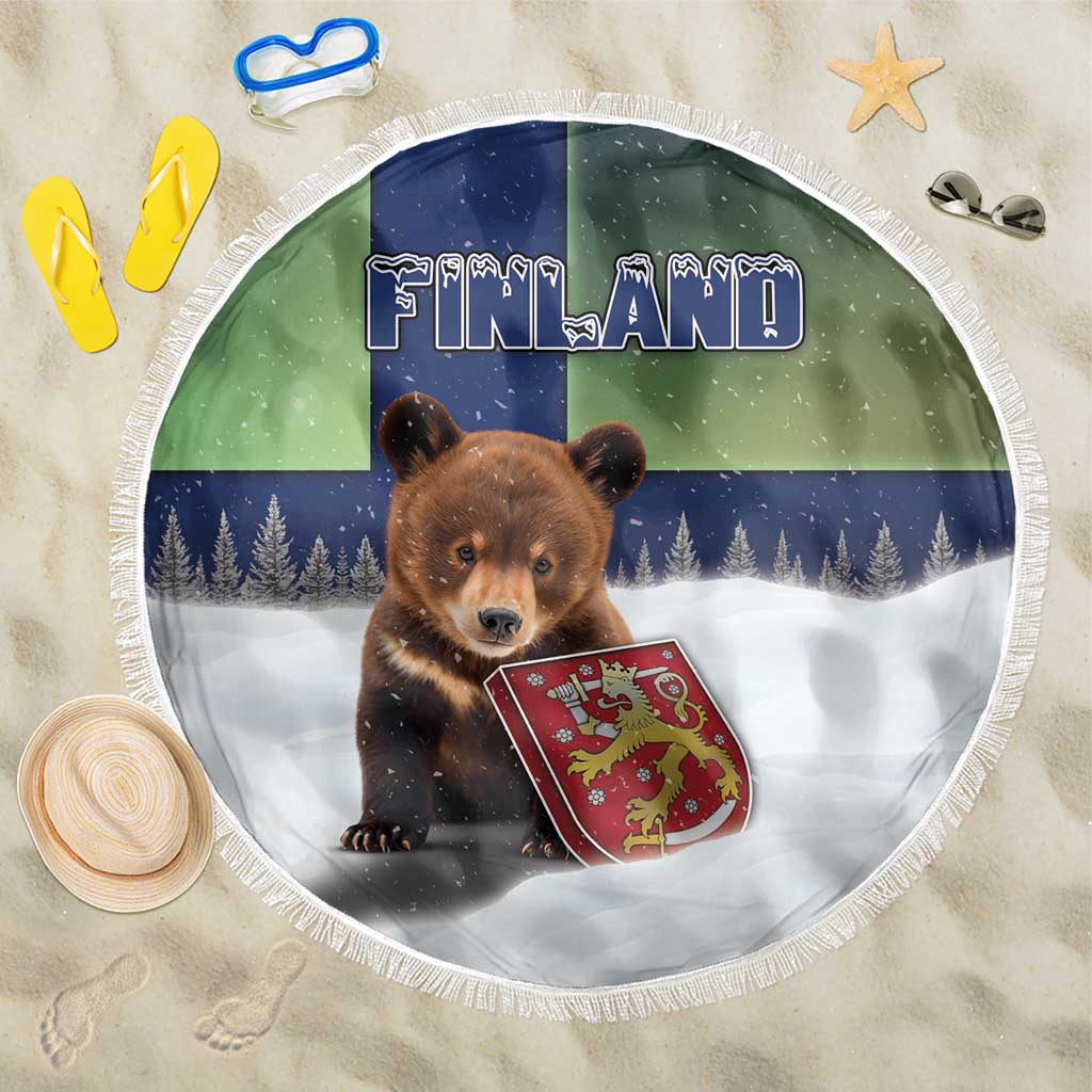 Finland Beach Blanket Brown Bear With Symbol Under The Aurora Sky - Wonder Print Shop