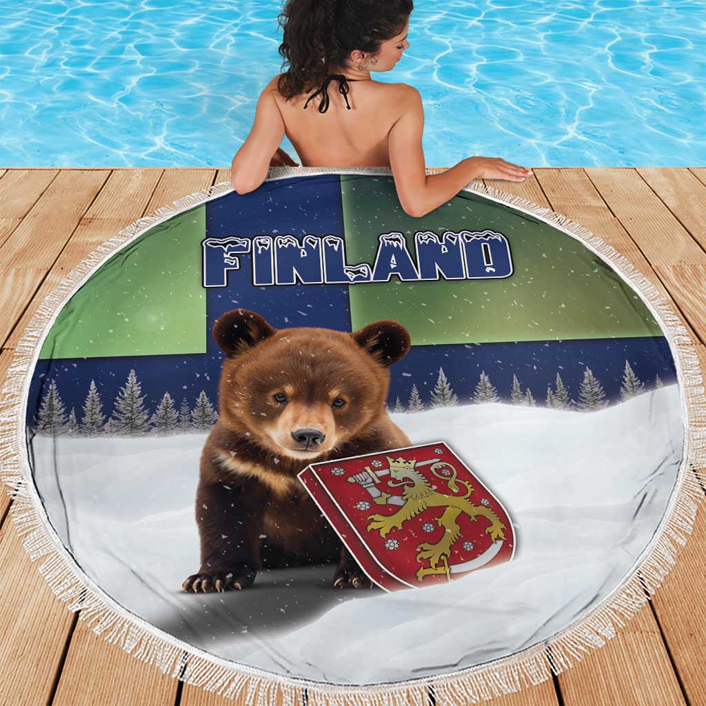 Finland Beach Blanket Brown Bear With Symbol Under The Aurora Sky - Wonder Print Shop