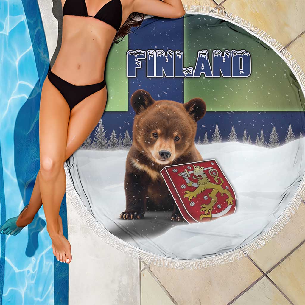 Finland Beach Blanket Brown Bear With Symbol Under The Aurora Sky - Wonder Print Shop