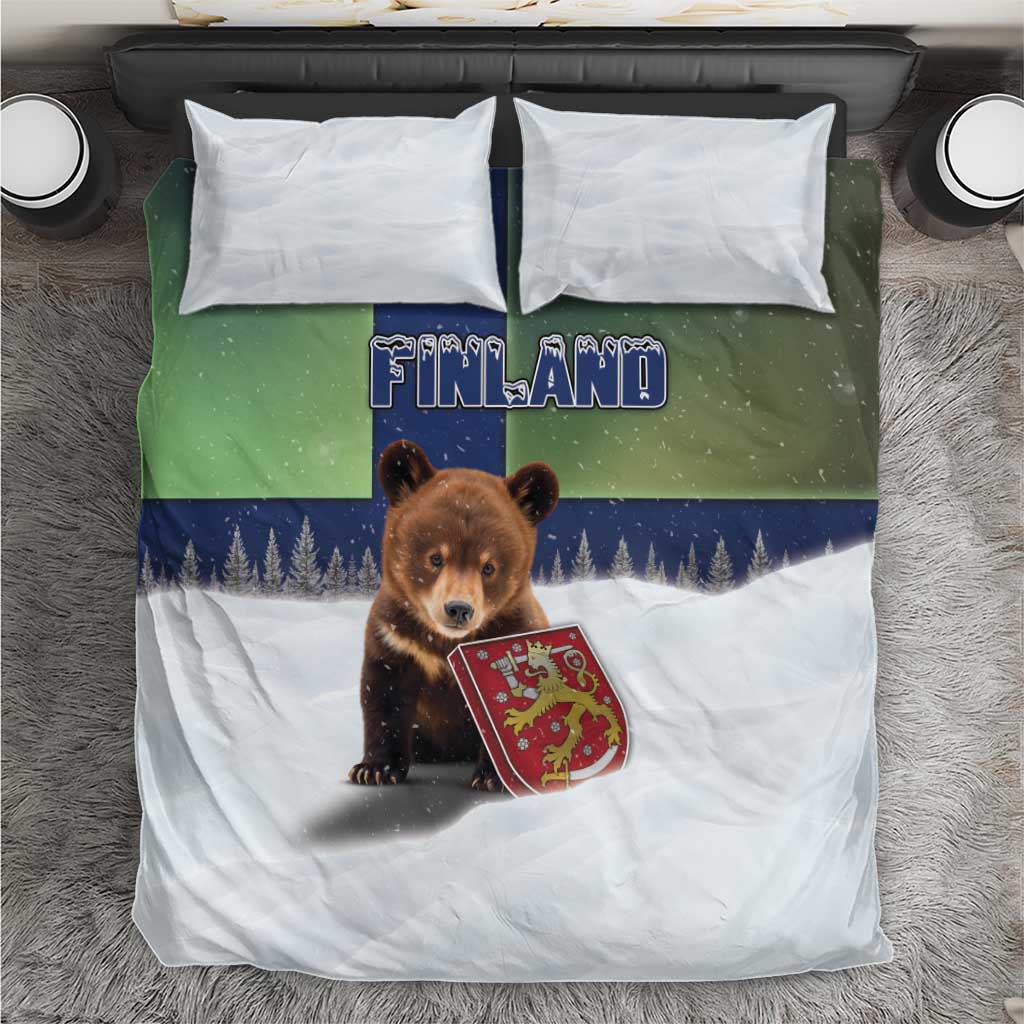 Finland Bedding Set Brown Bear With Symbol Under The Aurora Sky - Wonder Print Shop