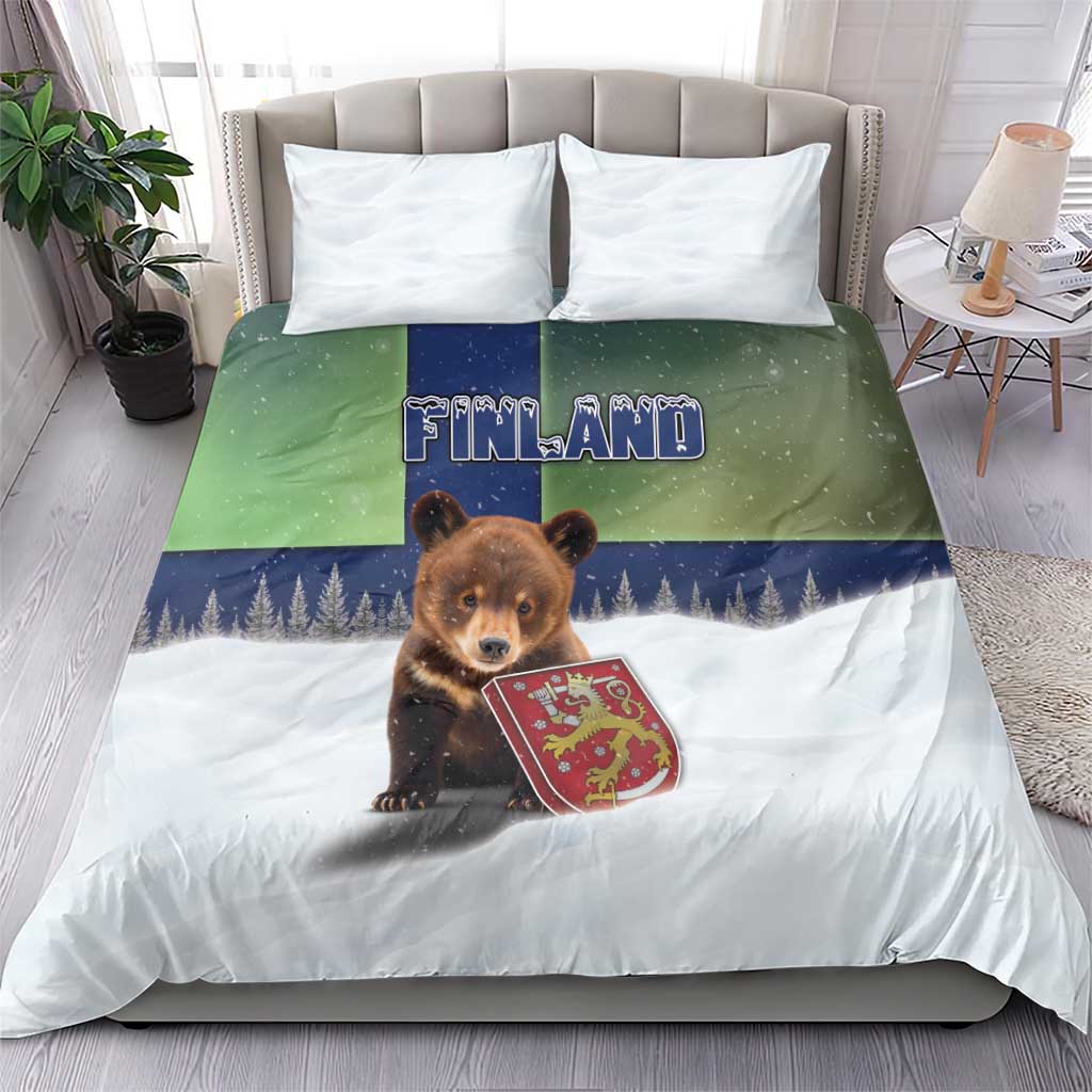 Finland Bedding Set Brown Bear With Symbol Under The Aurora Sky - Wonder Print Shop