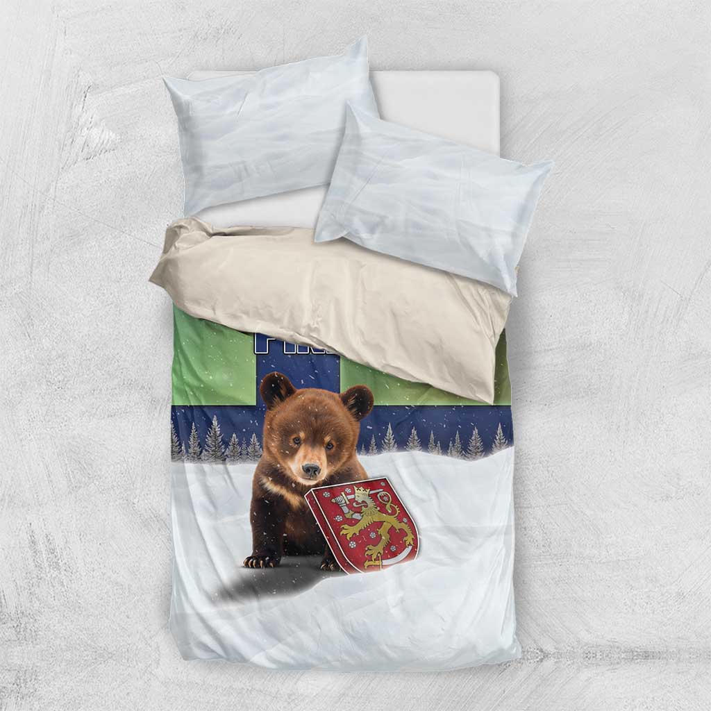 Finland Bedding Set Brown Bear With Symbol Under The Aurora Sky - Wonder Print Shop