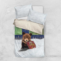 Finland Bedding Set Brown Bear With Symbol Under The Aurora Sky - Wonder Print Shop