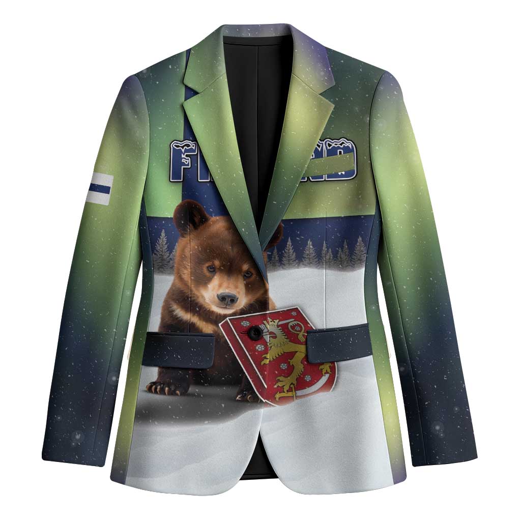 Personalized Finland Blazer Brown Bear With Symbol Under The Aurora Sky - Wonder Print Shop