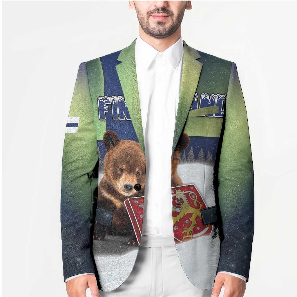 Personalized Finland Blazer Brown Bear With Symbol Under The Aurora Sky - Wonder Print Shop