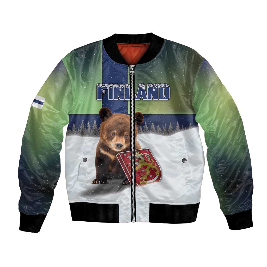 Personalized Finland Bomber Jacket Brown Bear With Symbol Under The Aurora Sky - Wonder Print Shop