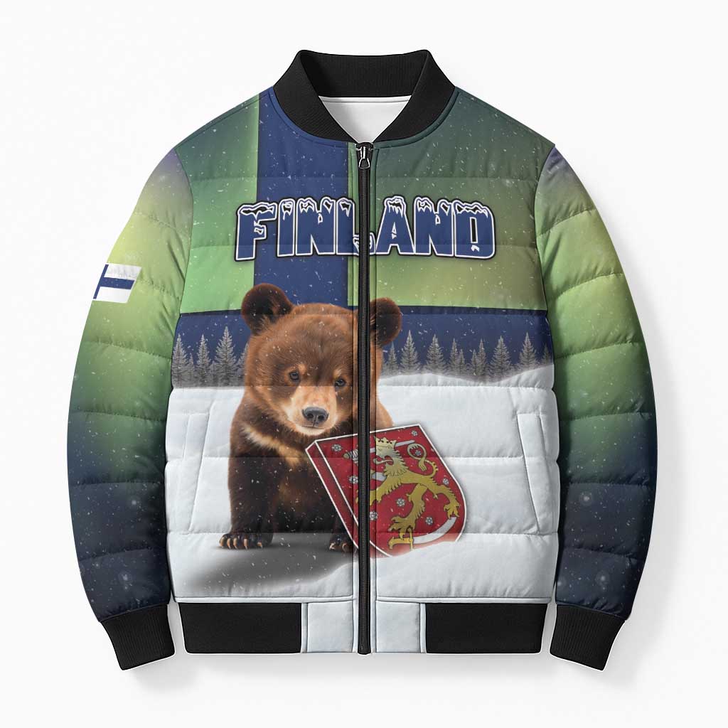 Personalized Finland Bomber Puffer Jacket Brown Bear With Symbol Under The Aurora Sky - Wonder Print Shop