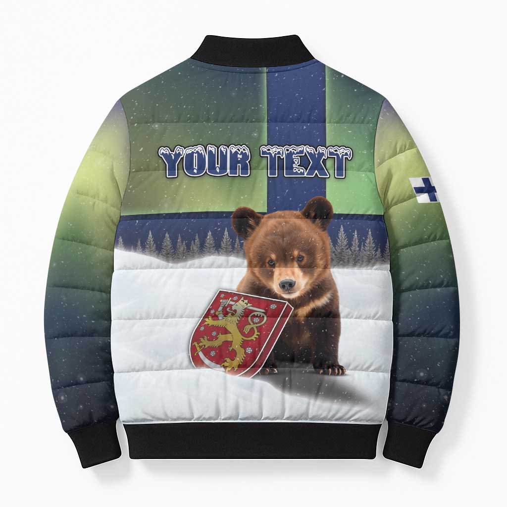 Personalized Finland Bomber Puffer Jacket Brown Bear With Symbol Under The Aurora Sky - Wonder Print Shop