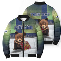 Personalized Finland Bomber Puffer Jacket Brown Bear With Symbol Under The Aurora Sky - Wonder Print Shop