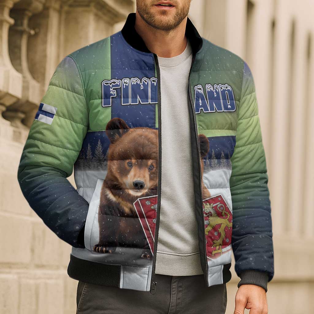 Personalized Finland Bomber Puffer Jacket Brown Bear With Symbol Under The Aurora Sky - Wonder Print Shop