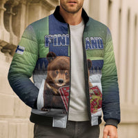 Personalized Finland Bomber Puffer Jacket Brown Bear With Symbol Under The Aurora Sky - Wonder Print Shop
